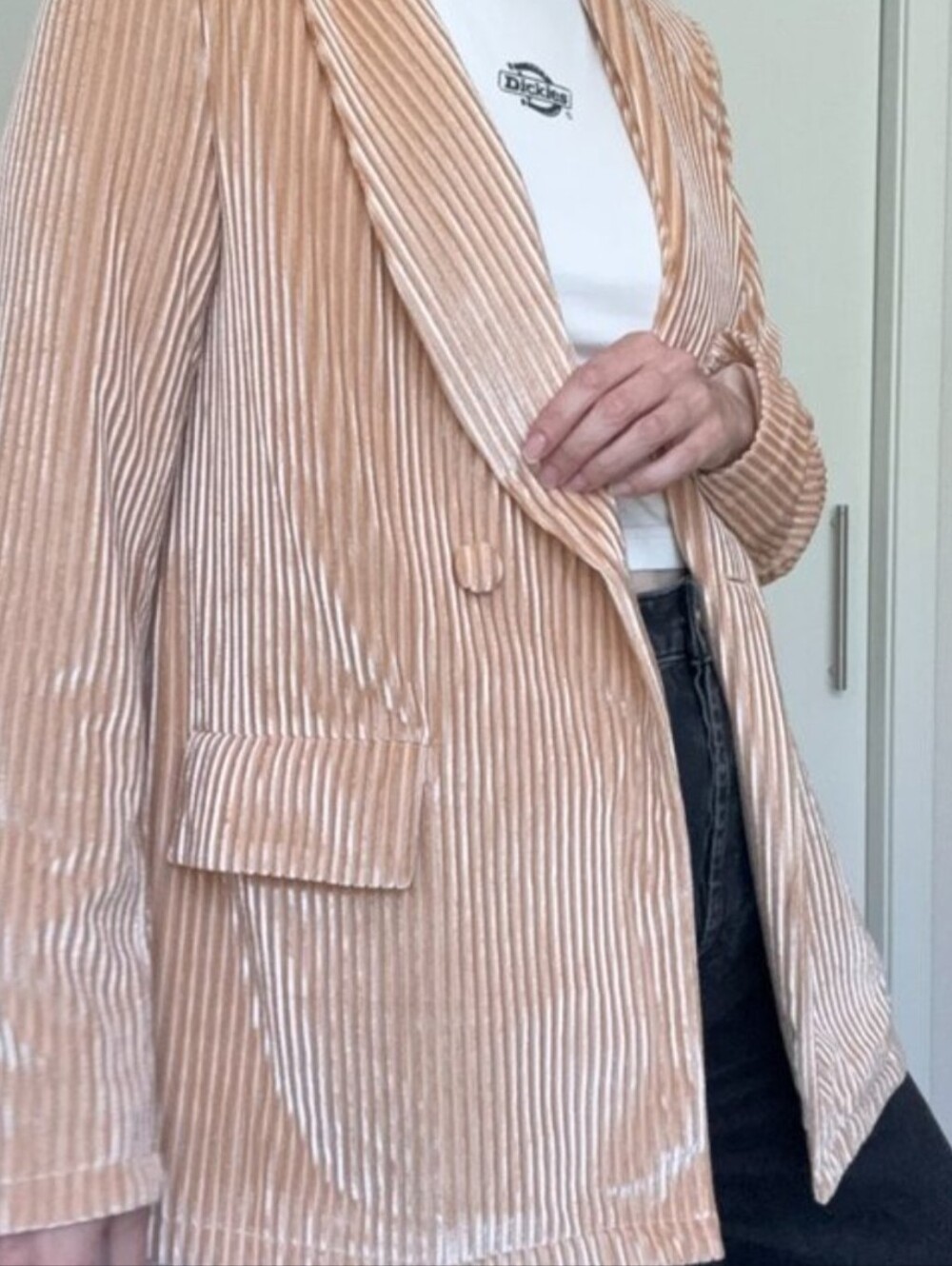 Nasty Gal Say It Blush/Cream Ribbed Stripe Velvet Blazer